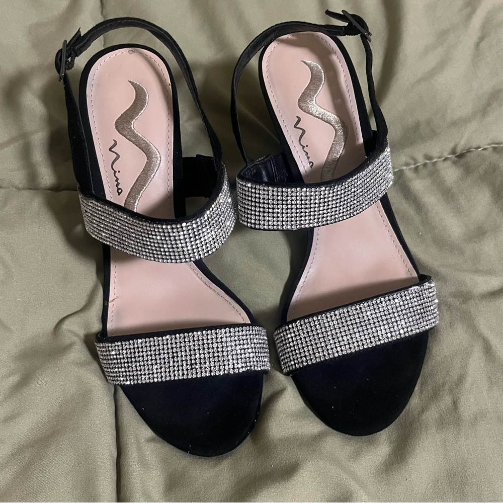 Nina Senta Rhinestone Heeled Ankle Strap Sandals Black